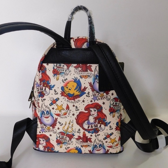 NWT!! LOUNGEFLY x Disney Ariel Little Mermaid Tattoo Mini Backpack AOP Princess - Picture 9 of 13